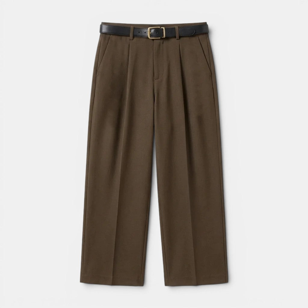 Versatile straight leg trousers on a plain background.