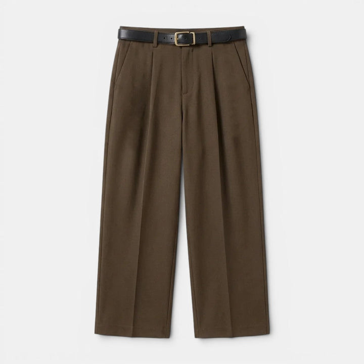 Versatile straight leg trousers on a plain background.