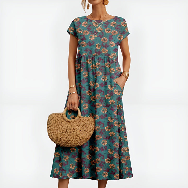 Hilda | Women's Denim High-Waist Patterned Midi Dress with Short Sleeves and Pockets — Blue