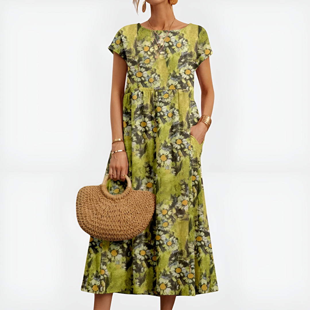 Hilda | Women's Denim High-Waist Patterned Midi Dress with Short Sleeves and Pockets — 2
