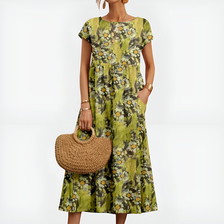 Hilda | Women's Denim High-Waist Patterned Midi Dress with Short Sleeves and Pockets — 2