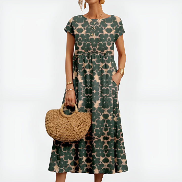 Hilda | Women's Denim High-Waist Patterned Midi Dress with Short Sleeves and Pockets — Green