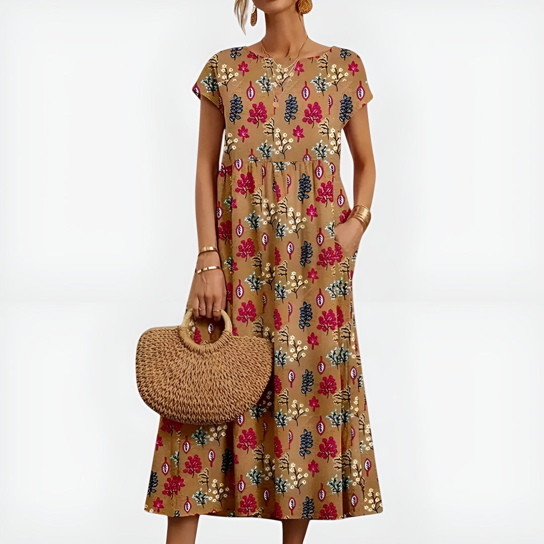 Hilda | Women's Denim High-Waist Patterned Midi Dress with Short Sleeves and Pockets — Khaki
