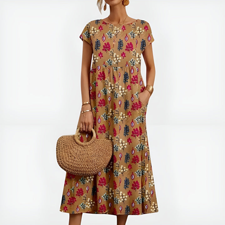 Hilda | Women's Denim High-Waist Patterned Midi Dress with Short Sleeves and Pockets — Khaki