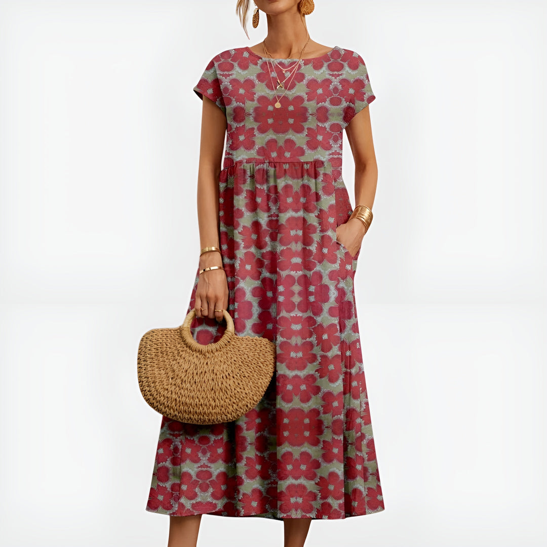 Hilda | Women's Denim High-Waist Patterned Midi Dress with Short Sleeves and Pockets — Red