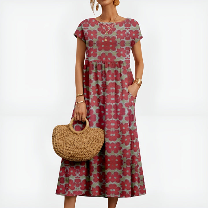 Hilda | Women's Denim High-Waist Patterned Midi Dress with Short Sleeves and Pockets — Red