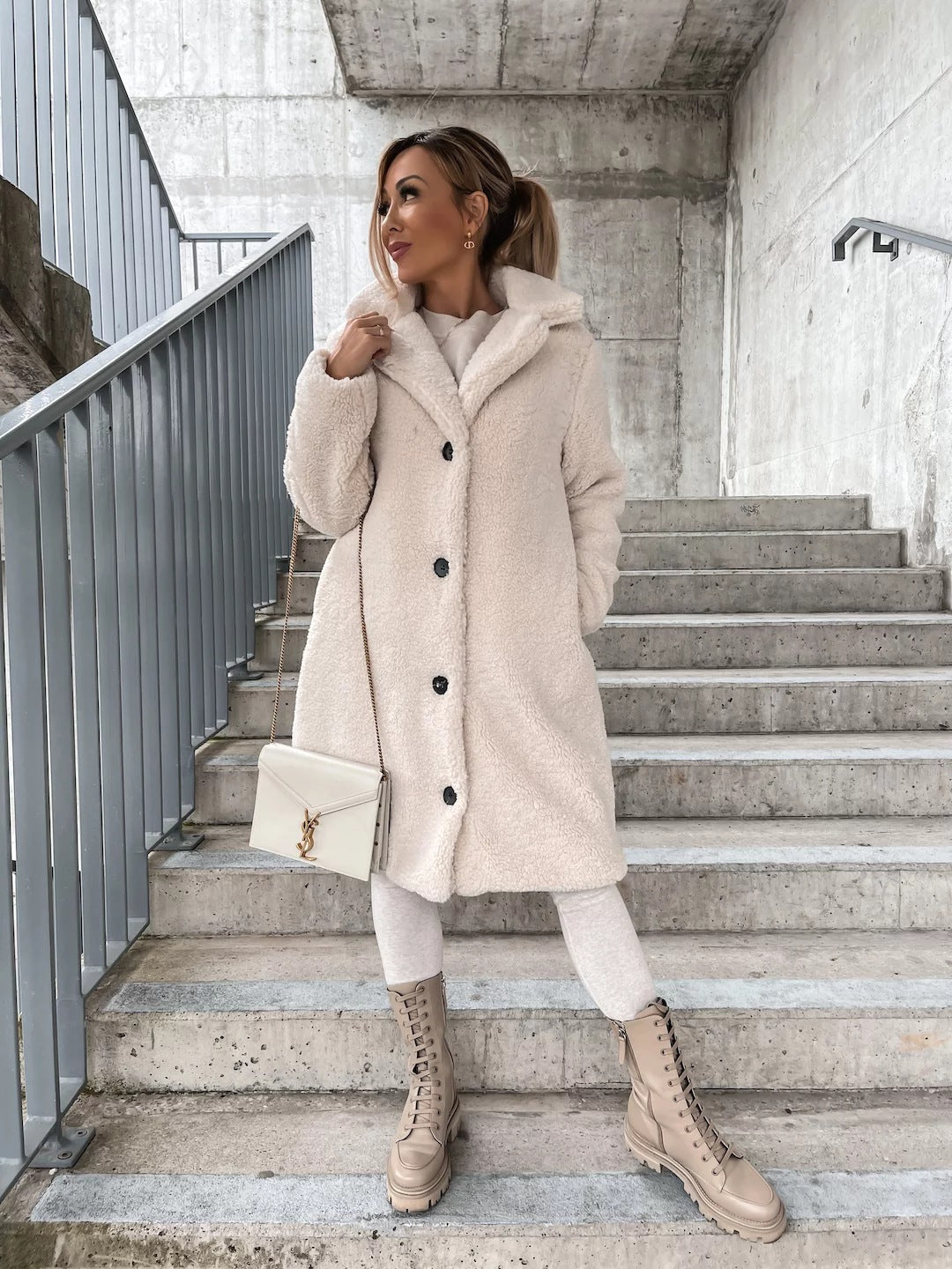 Hollesse | Women's Relaxed Longline Sherpa Jacket with Notch Collar — Apricot