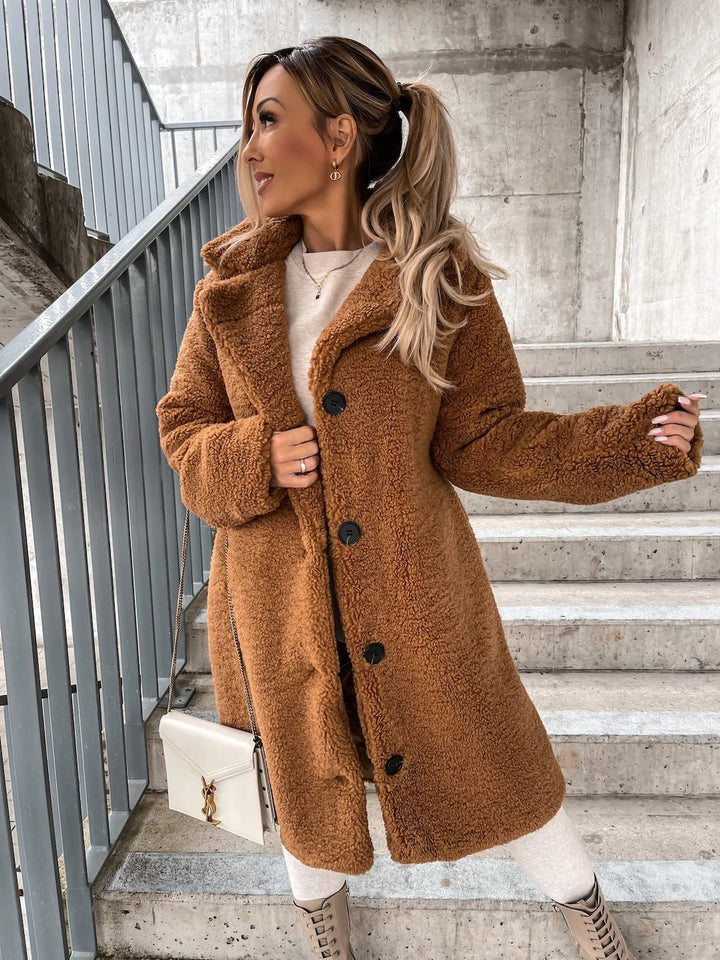 Hollesse | Women's Relaxed Longline Sherpa Jacket with Notch Collar — Brown
