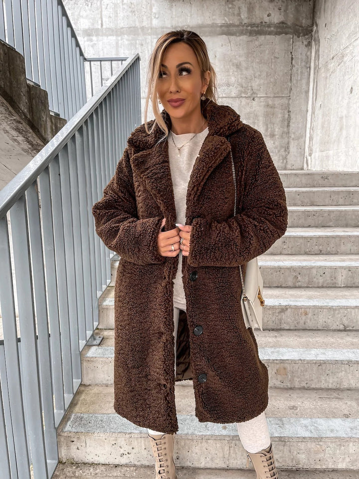 Hollesse | Women's Relaxed Longline Sherpa Jacket with Notch Collar — Coffee Brown