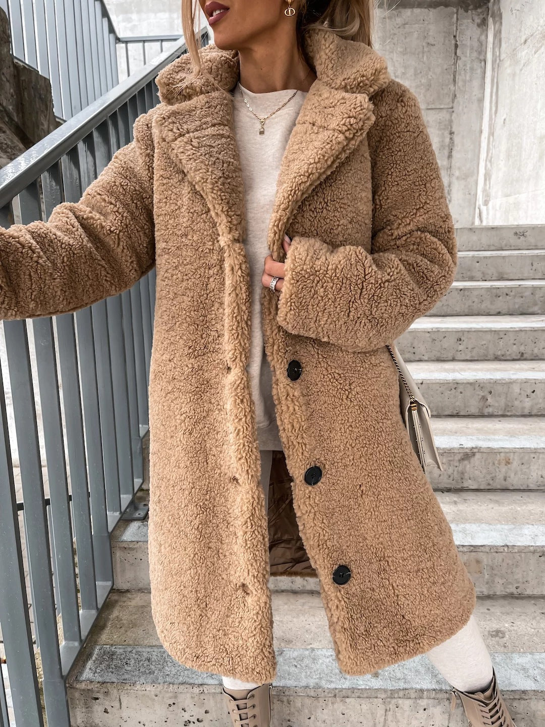 Hollesse | Women's Relaxed Longline Sherpa Jacket with Notch Collar — Khaki