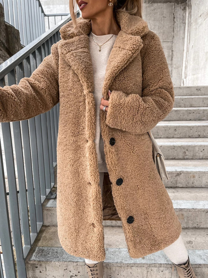 Hollesse | Women's Relaxed Longline Sherpa Jacket with Notch Collar — Khaki