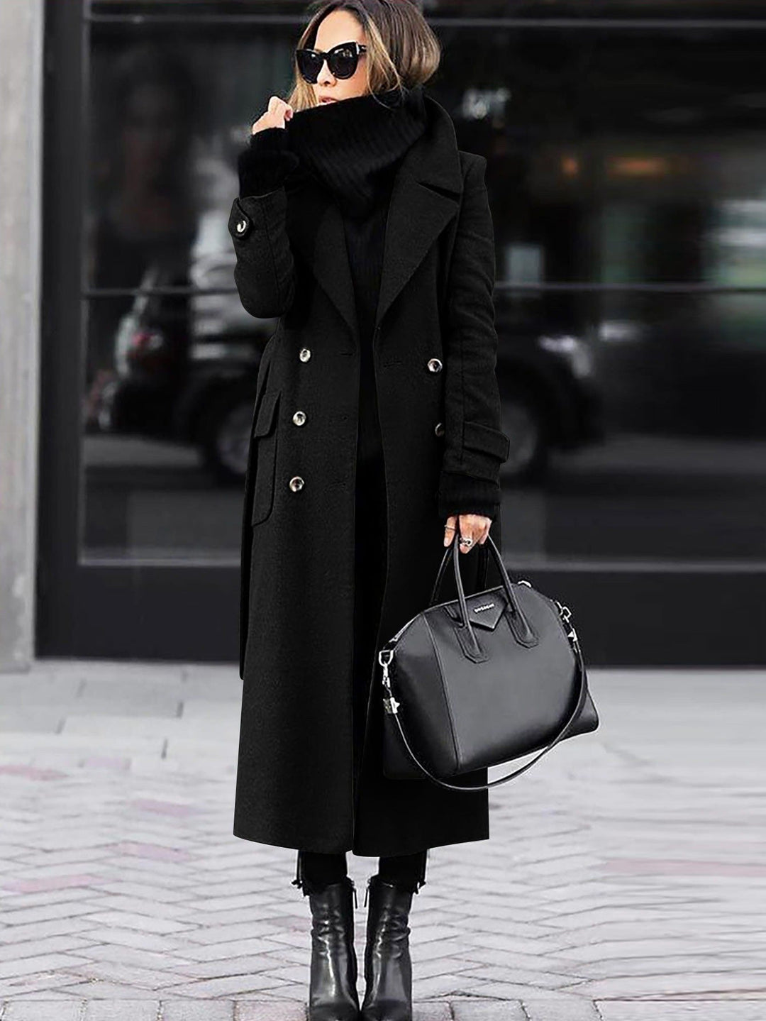 Hollette | Women's Full Length Double-Breasted Coat – Tailored Lapel Overcoat — Black