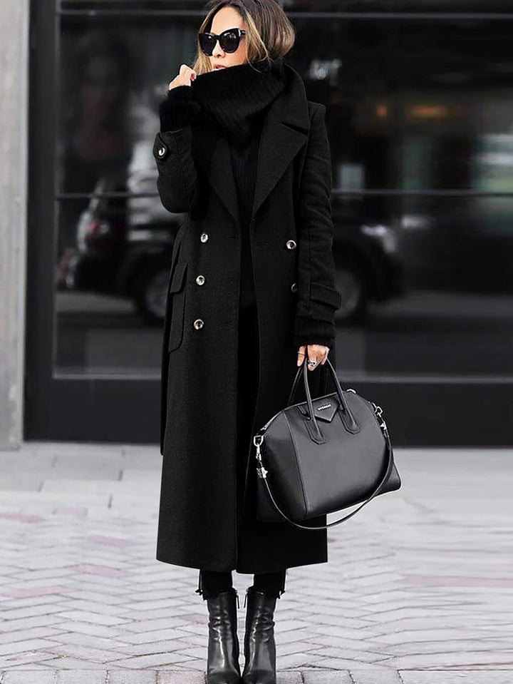 Hollette | Women's Full Length Double-Breasted Coat – Tailored Lapel Overcoat — Black