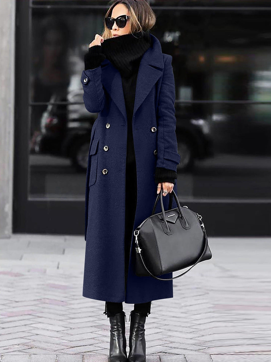 Hollette | Women's Full Length Double-Breasted Coat – Tailored Lapel Overcoat — Blue