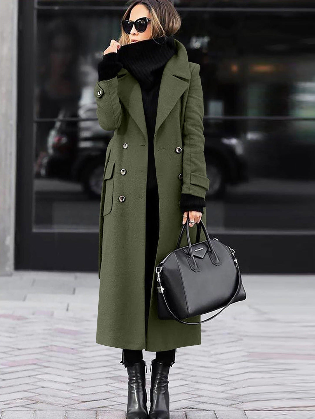 Hollette | Women's Full Length Double-Breasted Coat – Tailored Lapel Overcoat — Green
