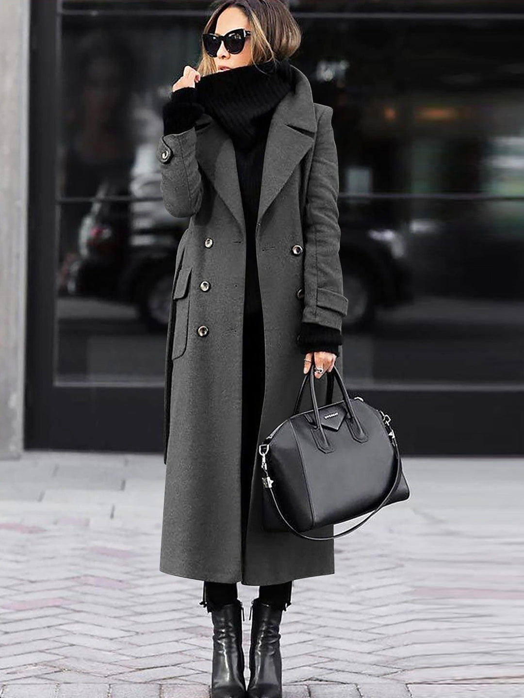 Hollette | Women's Full Length Double-Breasted Coat – Tailored Lapel Overcoat — Grey
