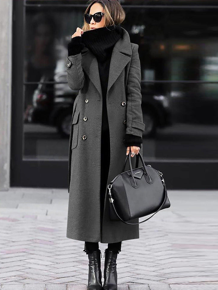 Hollette | Women's Full Length Double-Breasted Coat – Tailored Lapel Overcoat — Grey