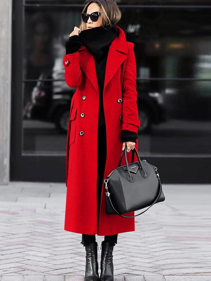 Hollette | Women's Full Length Double-Breasted Coat – Tailored Lapel Overcoat — Red