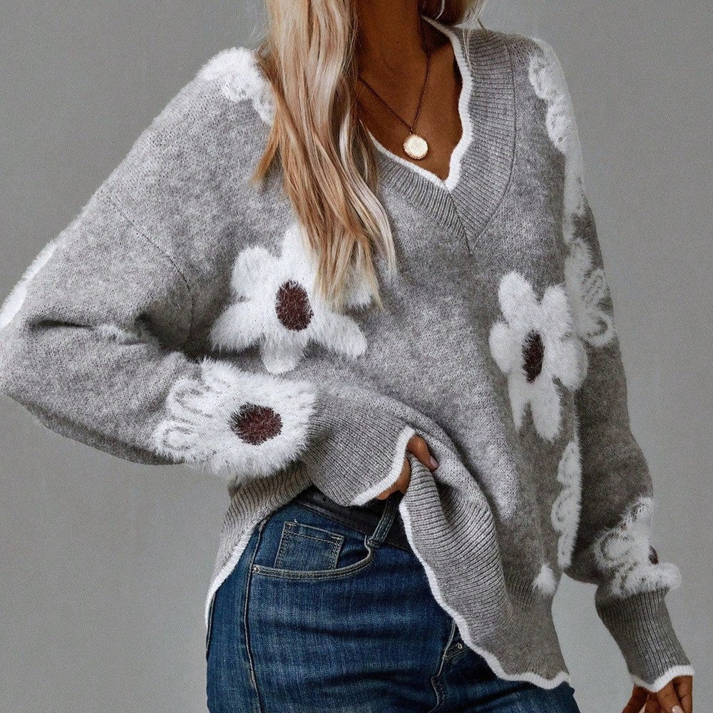 Ilseetta | Women's Floral V-Neck Cozy Knit Sweater — 1