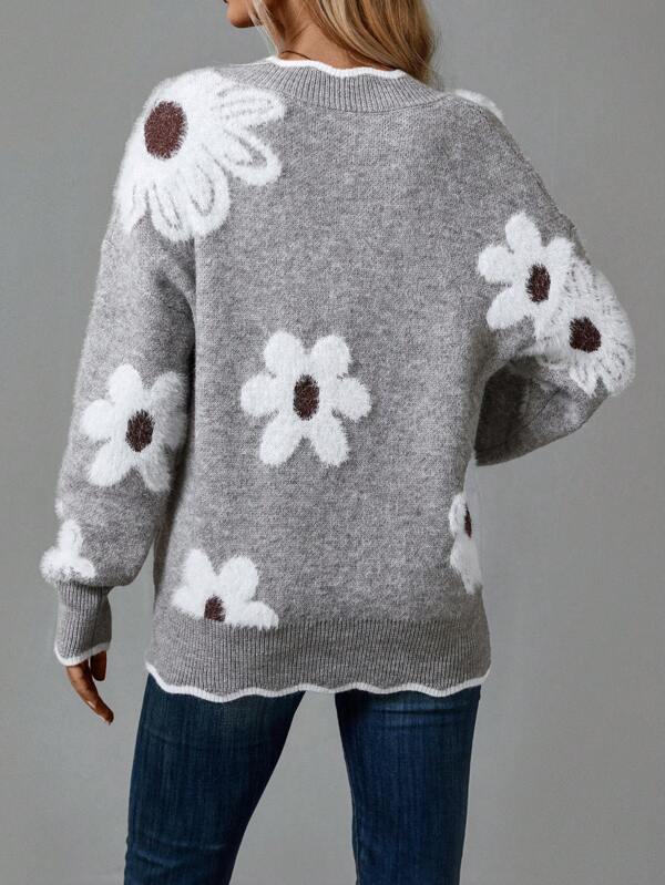Ilseetta | Women's Floral V-Neck Cozy Knit Sweater — 2