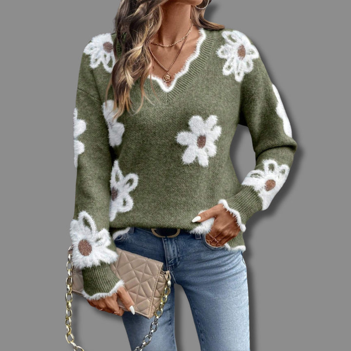 Ilseetta | Women's Floral V-Neck Cozy Knit Sweater — Green