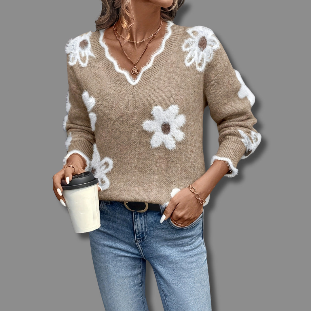Ilseetta | Women's Floral V-Neck Cozy Knit Sweater — Khaki