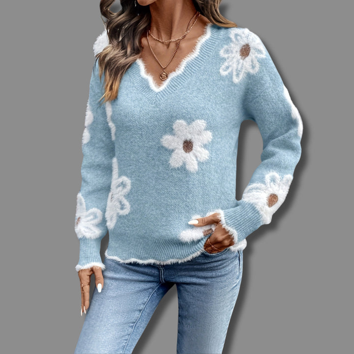 Ilseetta | Women's Floral V-Neck Cozy Knit Sweater — Light Blue