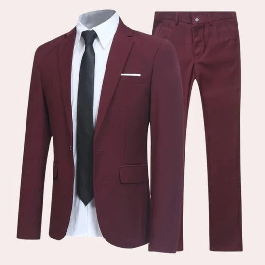 A classic suit with notch lapel jacket and coordinated trousers.