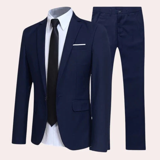 A formal two piece suit with a clean tailored look.