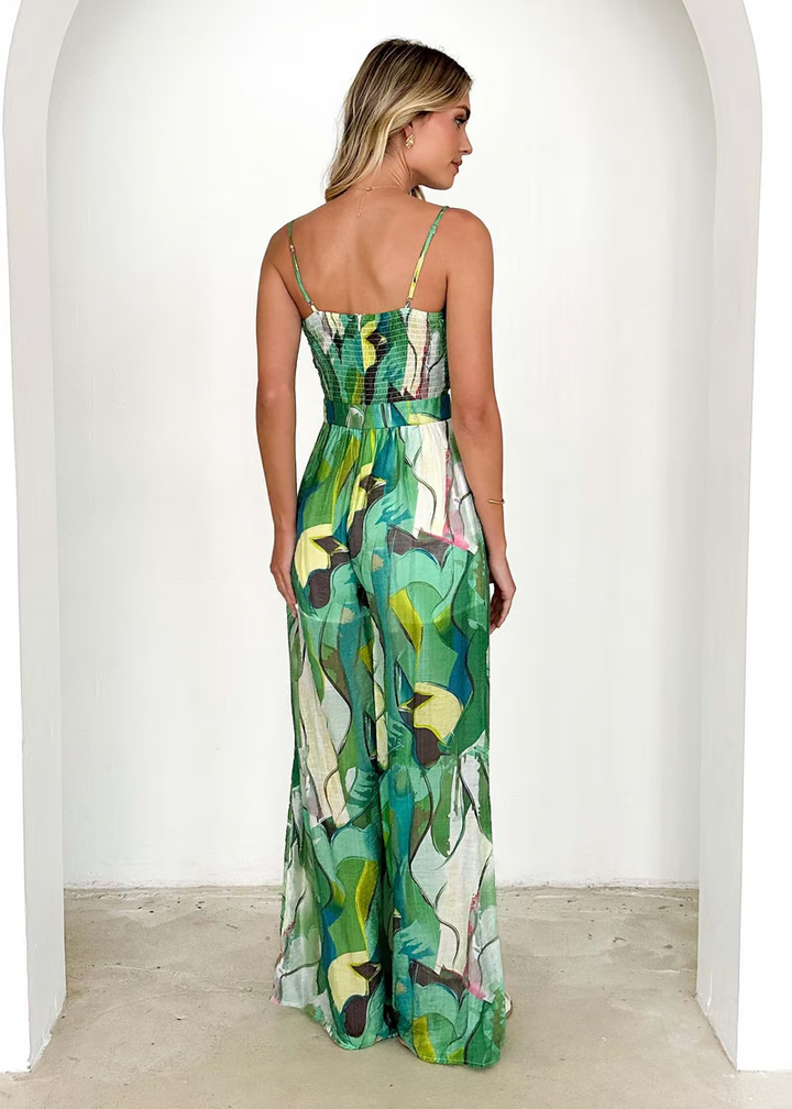 Long suspender strap dress with a modern print for effortless day-to-night style., back angle