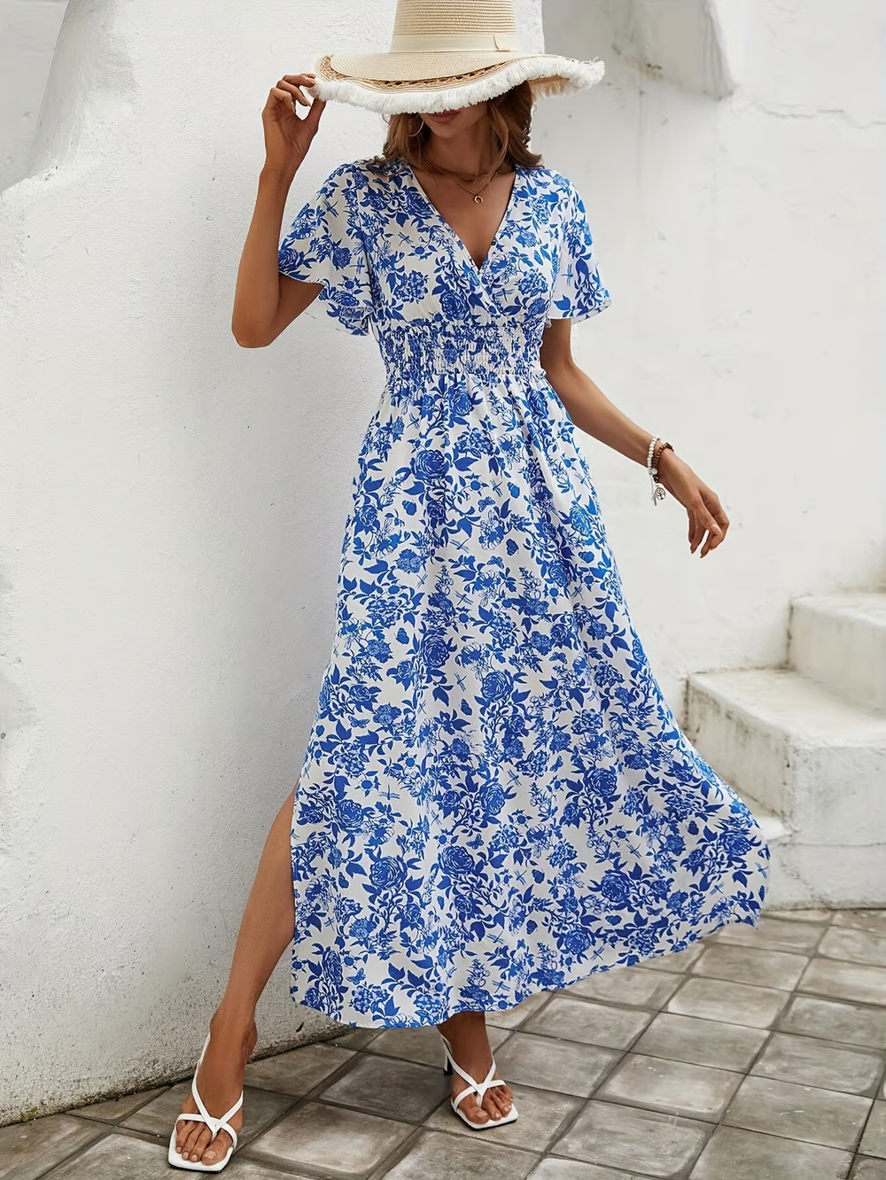 Airy bohemian dress with soft V-neckline for coastal days.