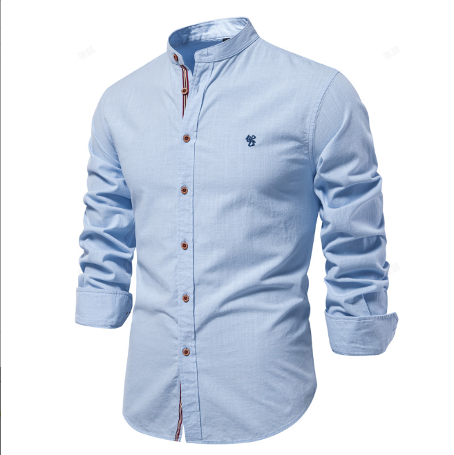 A classic stand collar shirt with long sleeves on a plain background. 