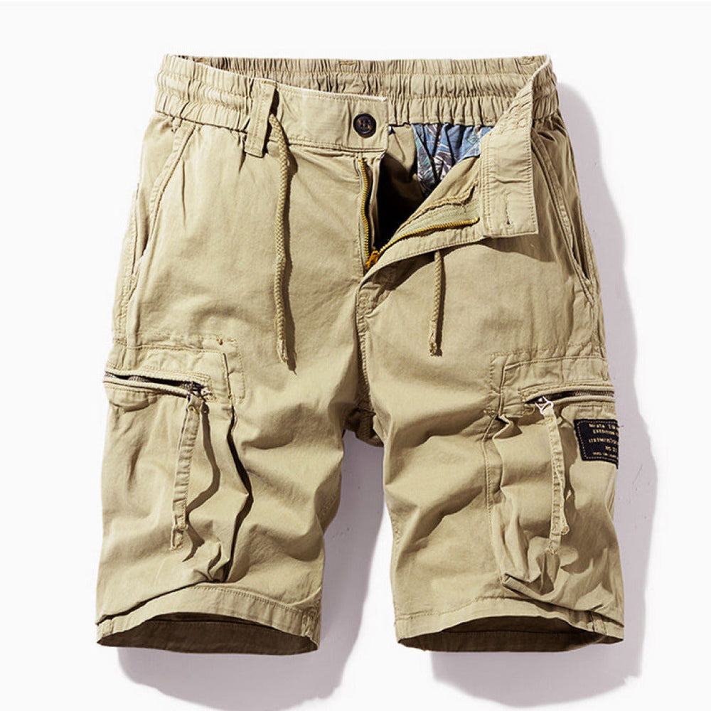 Casual cargo shorts with side pockets and relaxed fit on a plain background.