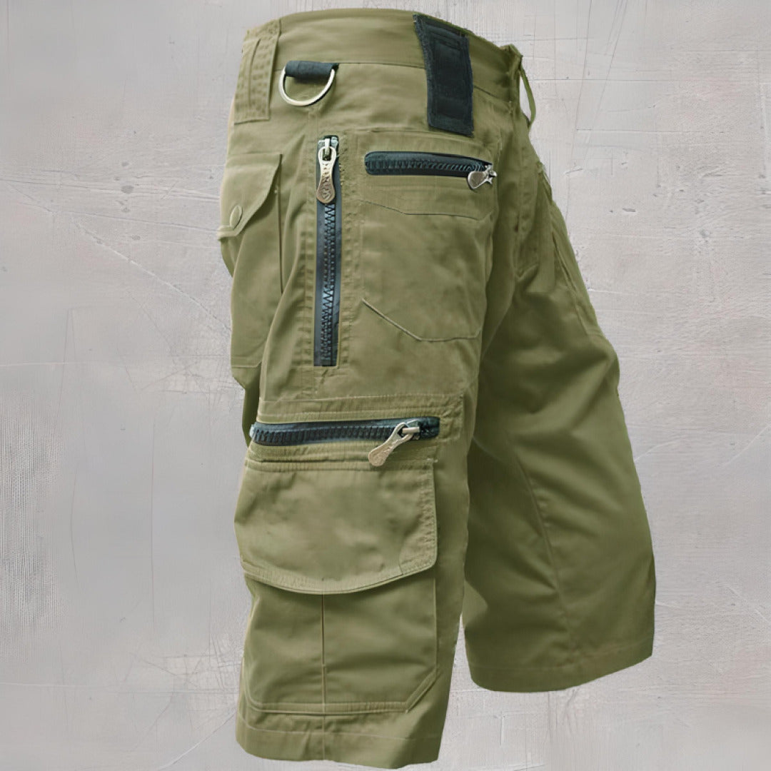  Woman wearing casual utility cargo shorts styled for everyday wear on a plain background.