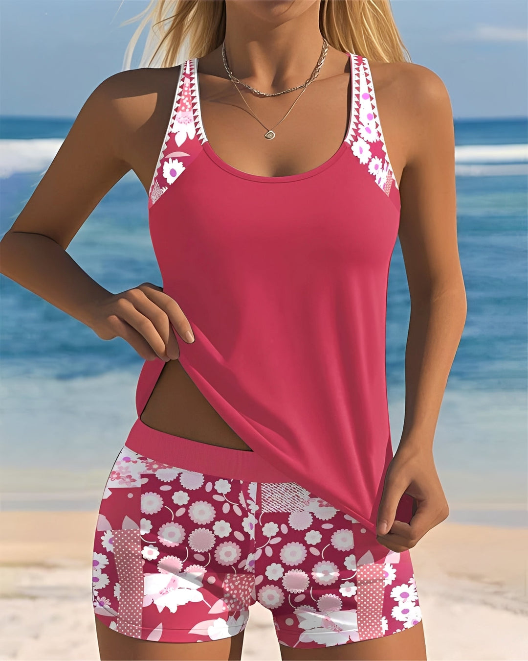  Woman showcasing a printed two-piece swimwear set on a plain background.