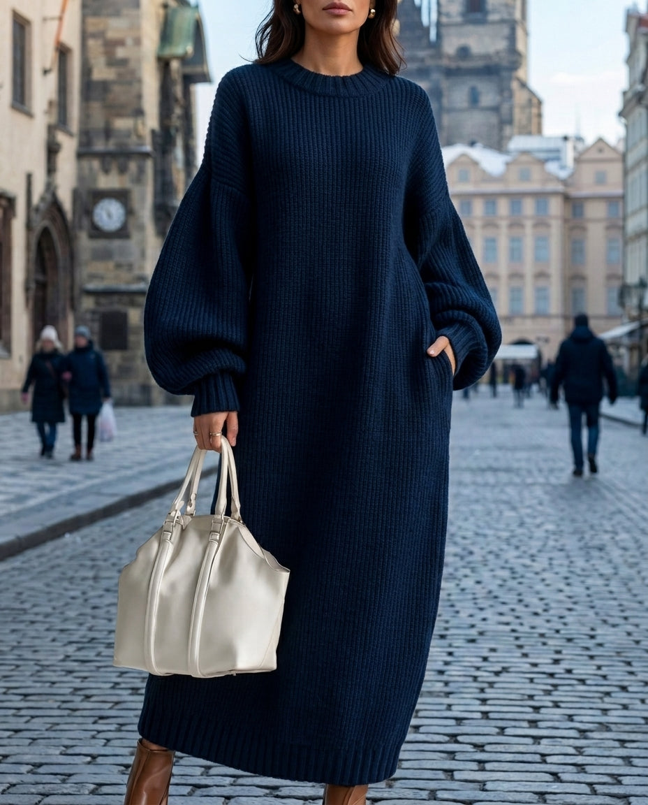 Isolawen | Women's Elegant Oversized Maxi Sweater Dress — Navy Blue