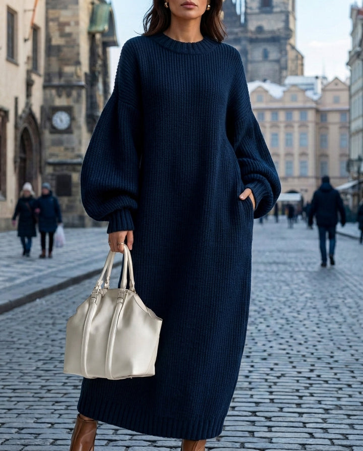 Isolawen | Women's Elegant Oversized Maxi Sweater Dress — Navy Blue