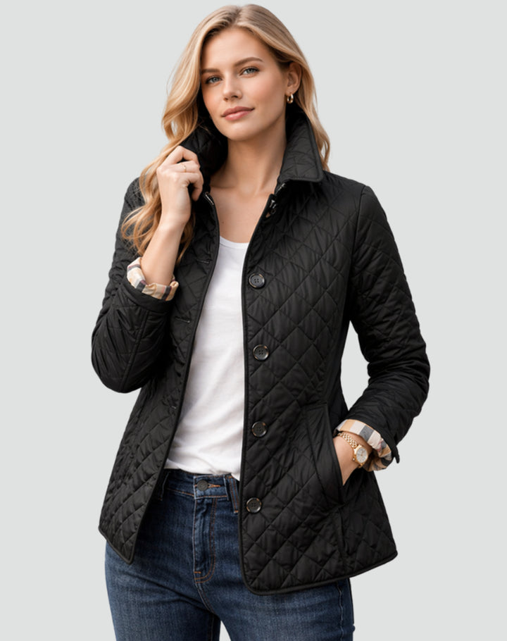 Ivoaine | Women's Quilted Button Front Jacket with Structured Collar — Black