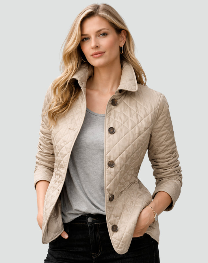 Ivoaine | Women's Quilted Button Front Jacket with Structured Collar — Khaki