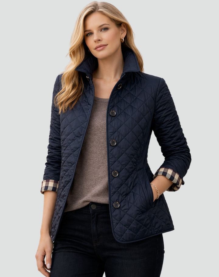 Ivoaine | Women's Quilted Button Front Jacket with Structured Collar — Navy Blue