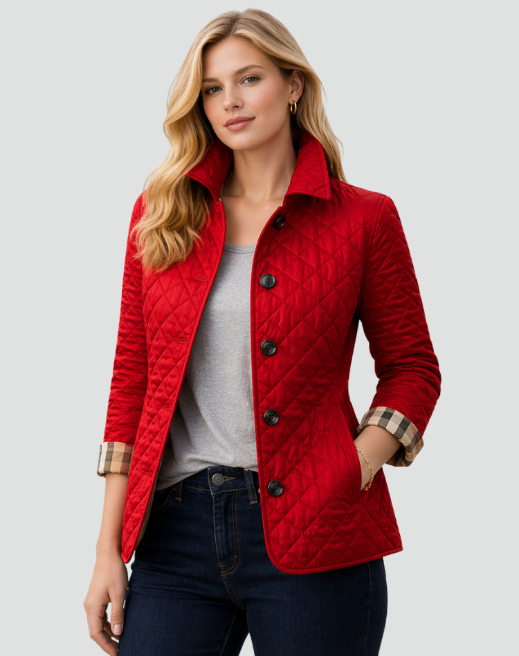 Ivoaine | Women's Quilted Button Front Jacket with Structured Collar — Red