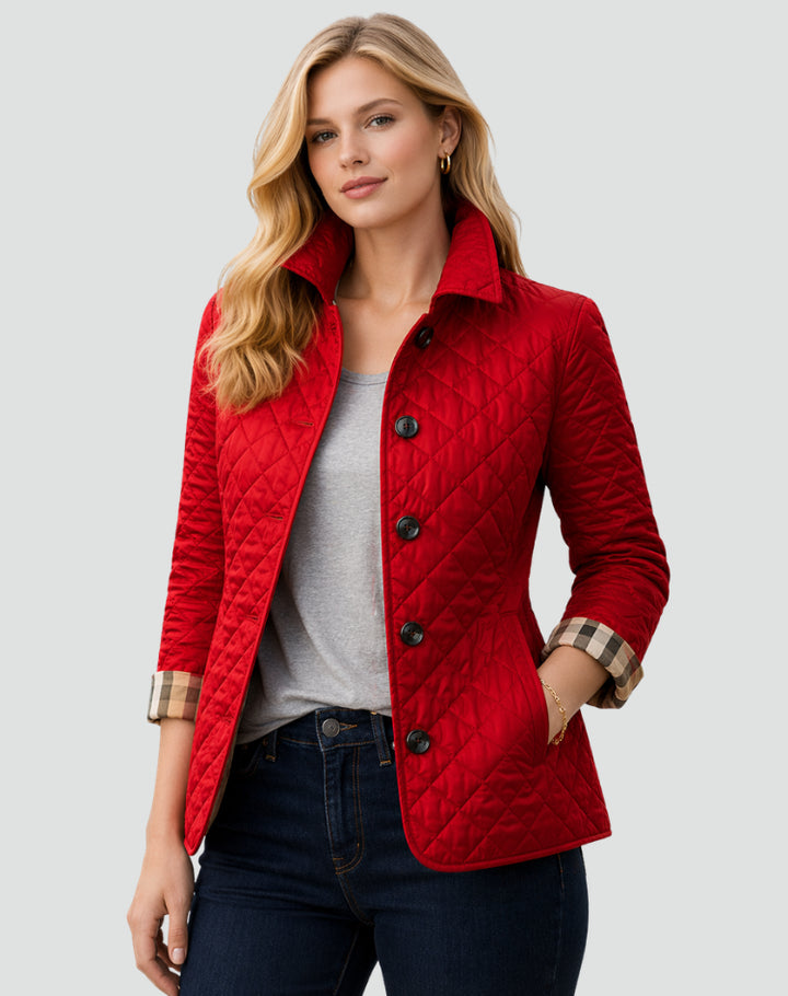 Ivoaine | Women's Quilted Button Front Jacket with Structured Collar — Red