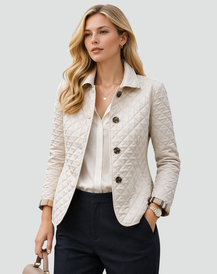 Ivoaine | Women's Quilted Button Front Jacket with Structured Collar — White