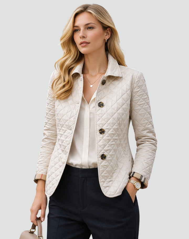 Ivoaine | Women's Quilted Button Front Jacket with Structured Collar — White