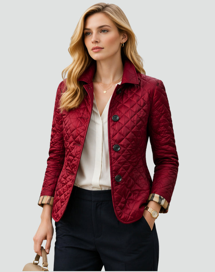 Ivoaine | Women's Quilted Button Front Jacket with Structured Collar — Wine Red