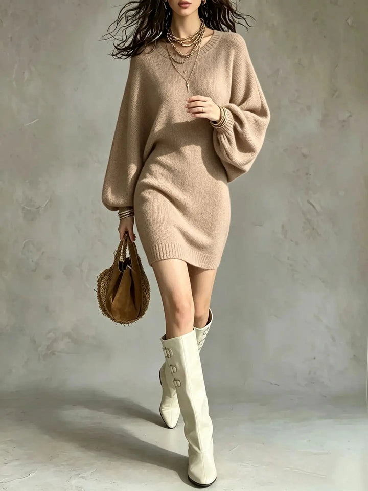 Ivophalde | Women's Elegant Ribbed Hem Sweater Dress — Khaki