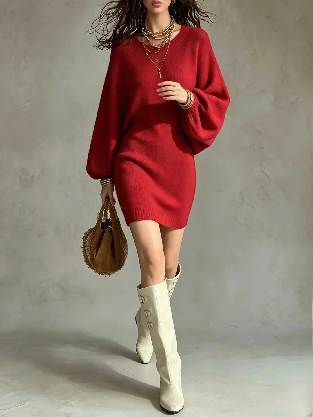 Ivophalde | Women's Elegant Ribbed Hem Sweater Dress — Red