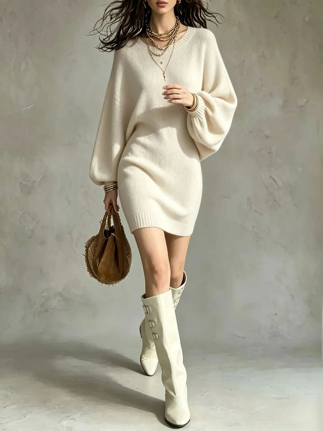 Ivophalde | Women's Elegant Ribbed Hem Sweater Dress — White