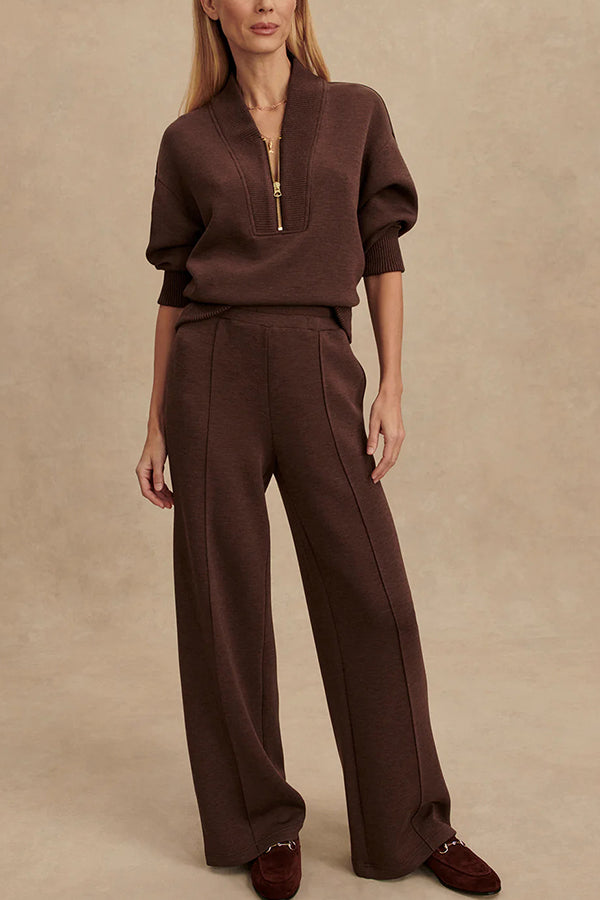 Ivophise | Women's Cozy Half-Zip Knit Set with Wide-Leg Pants — 1