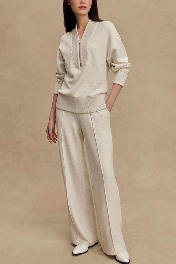 Ivophise | Women's Cozy Half-Zip Knit Set with Wide-Leg Pants — White